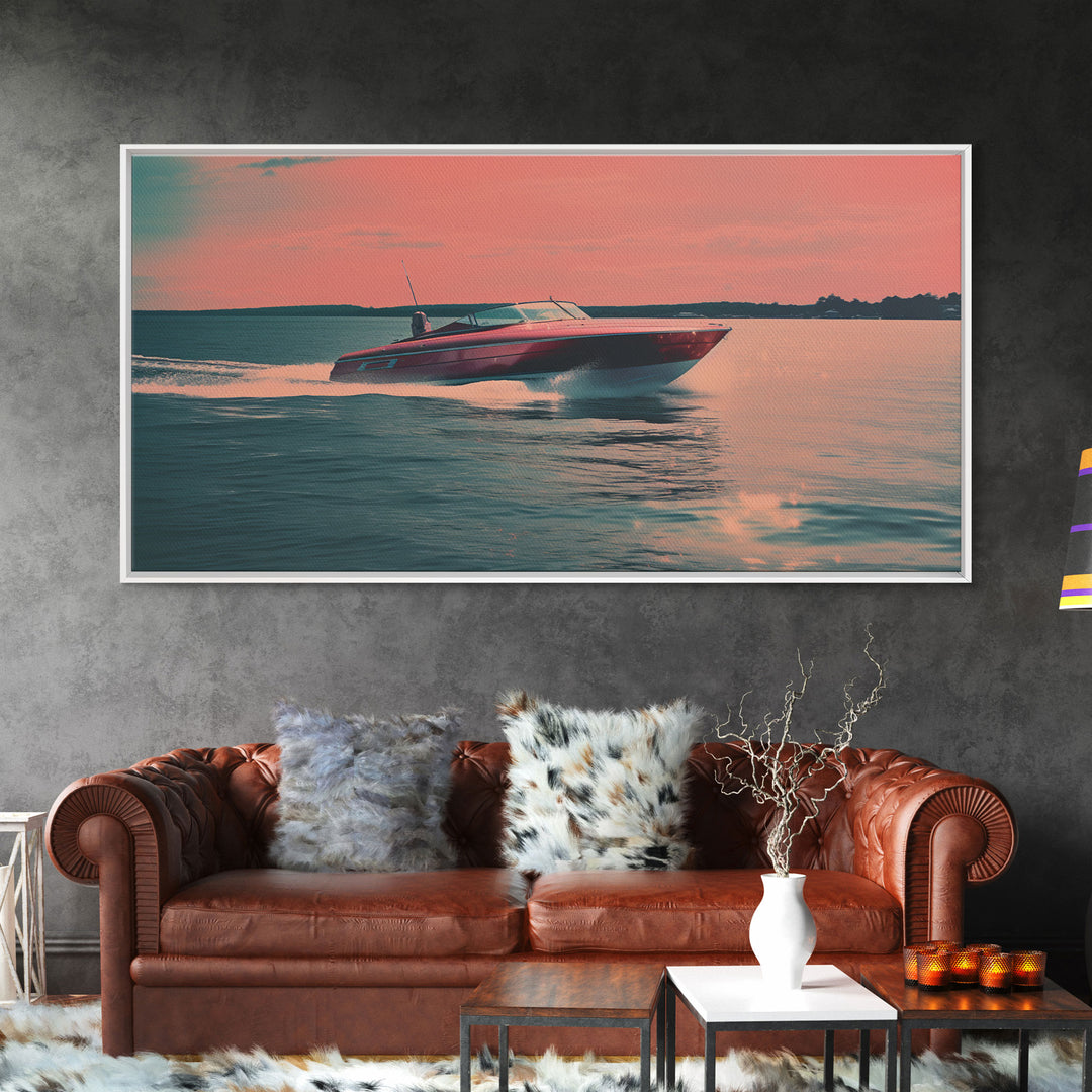 Vaporwave Pink Speed Boat Decor, Nautical Framed Canvas Print, Eclectic Retro Wall Art, 1980s Vibes Decor, Vintage Photography, Liminal Art