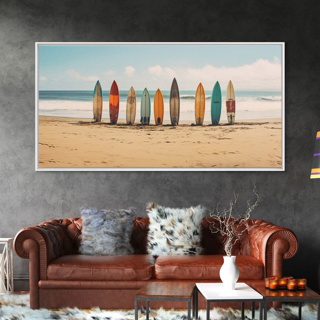 Boho Beach Decor, Framed Canvas Print, Retro Surf Boards In The Sand, Living Room Decor, Gift For Him, Surfer Gift