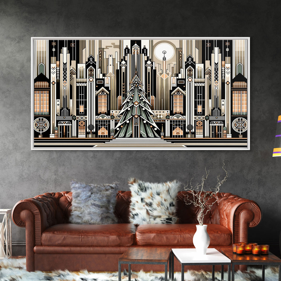 Art Deco Pattern Christmas Village - Framed Canvas Print - Retro Xmas Art - Christmas Decor - Christmas Wall Art - Christmas Art