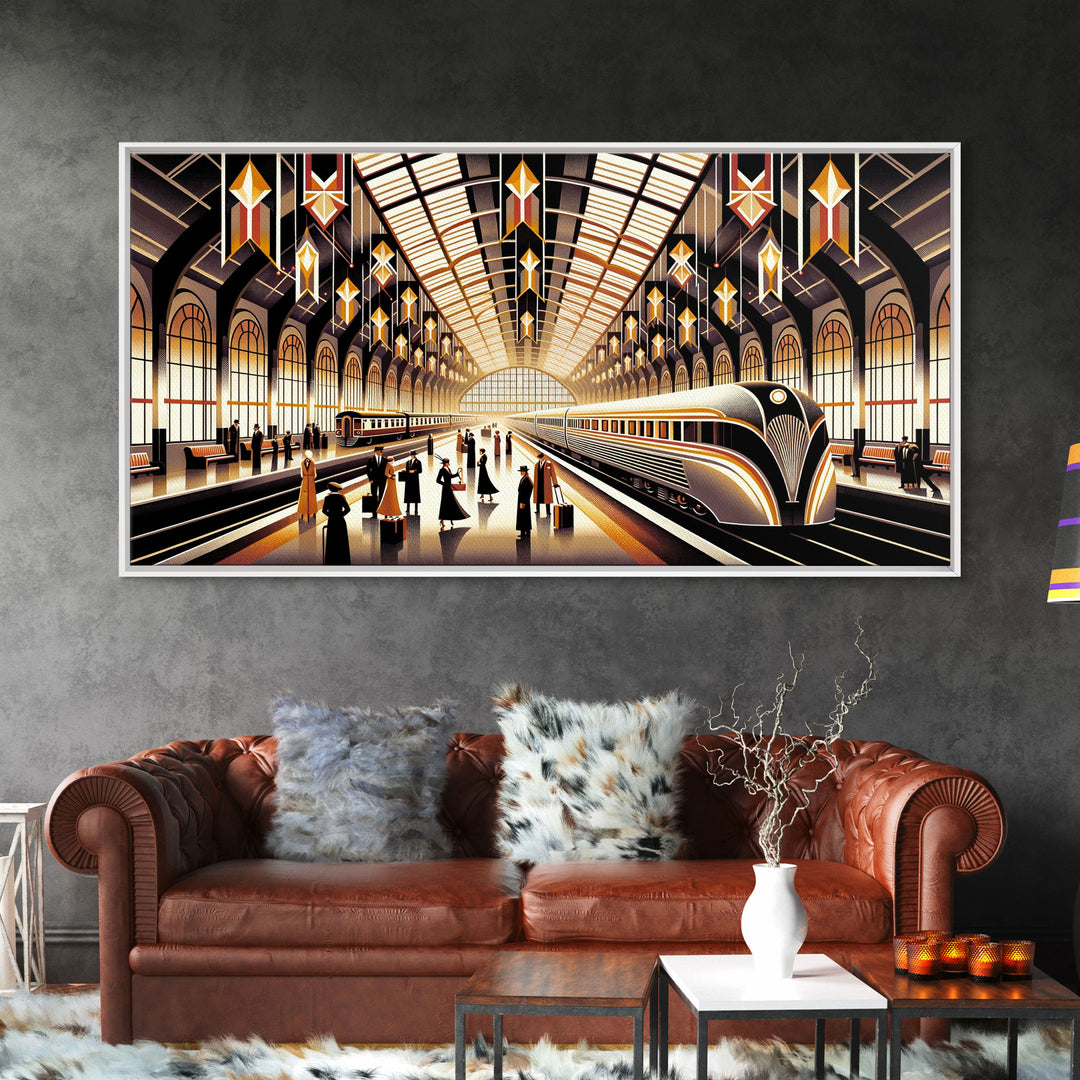 Art Deco Train Station - Retro Decor - Framed Canvas Print - Subway Art - Art Deco Pattern - Unique Retro Wall Art - Gift For Him