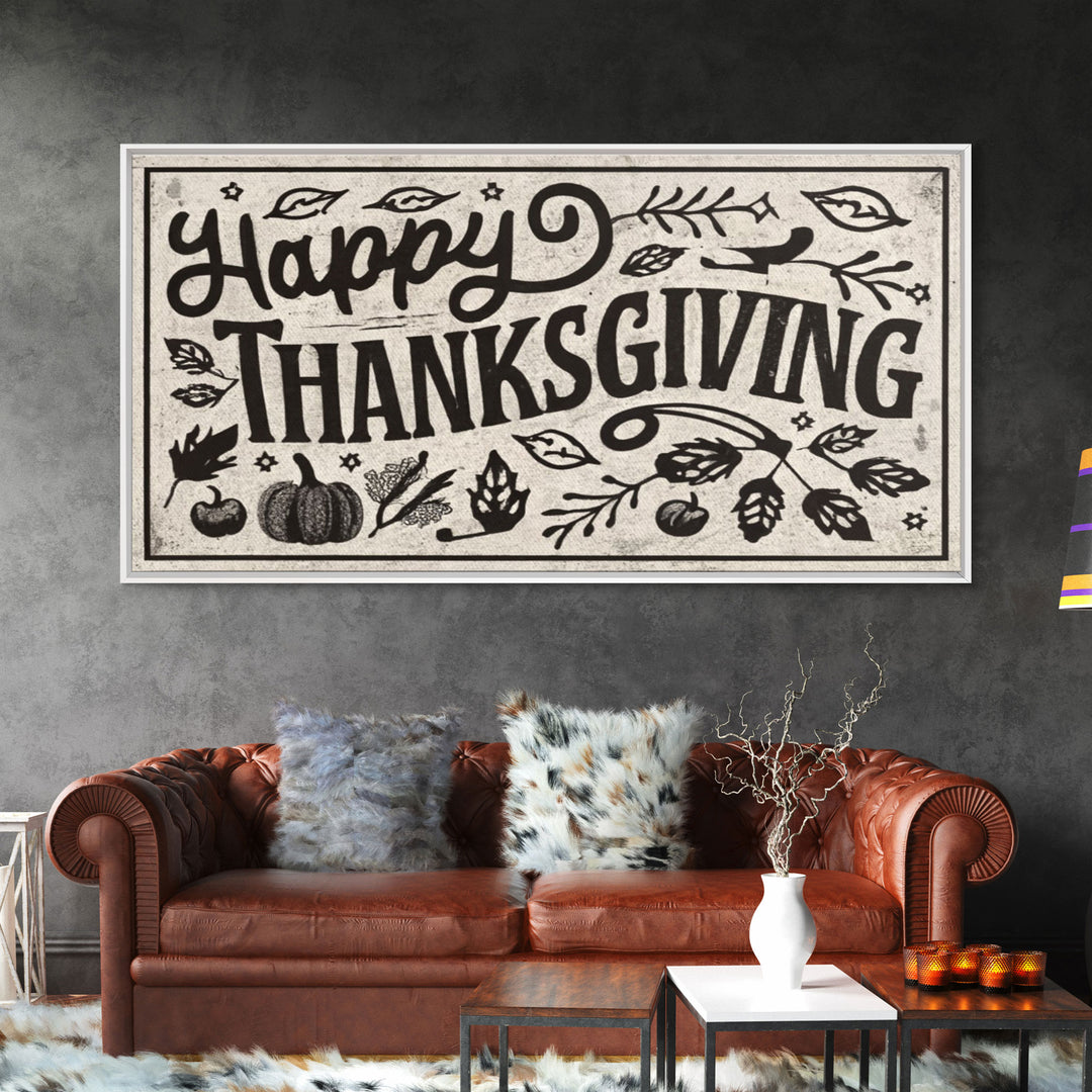 Happy Thanksgiving! Modern Farmhouse Sign, Dining Room Wall Sign Kitchen Decor Large Framed Canvas Print, Fall Wall Art, Seasonal Wall Decor