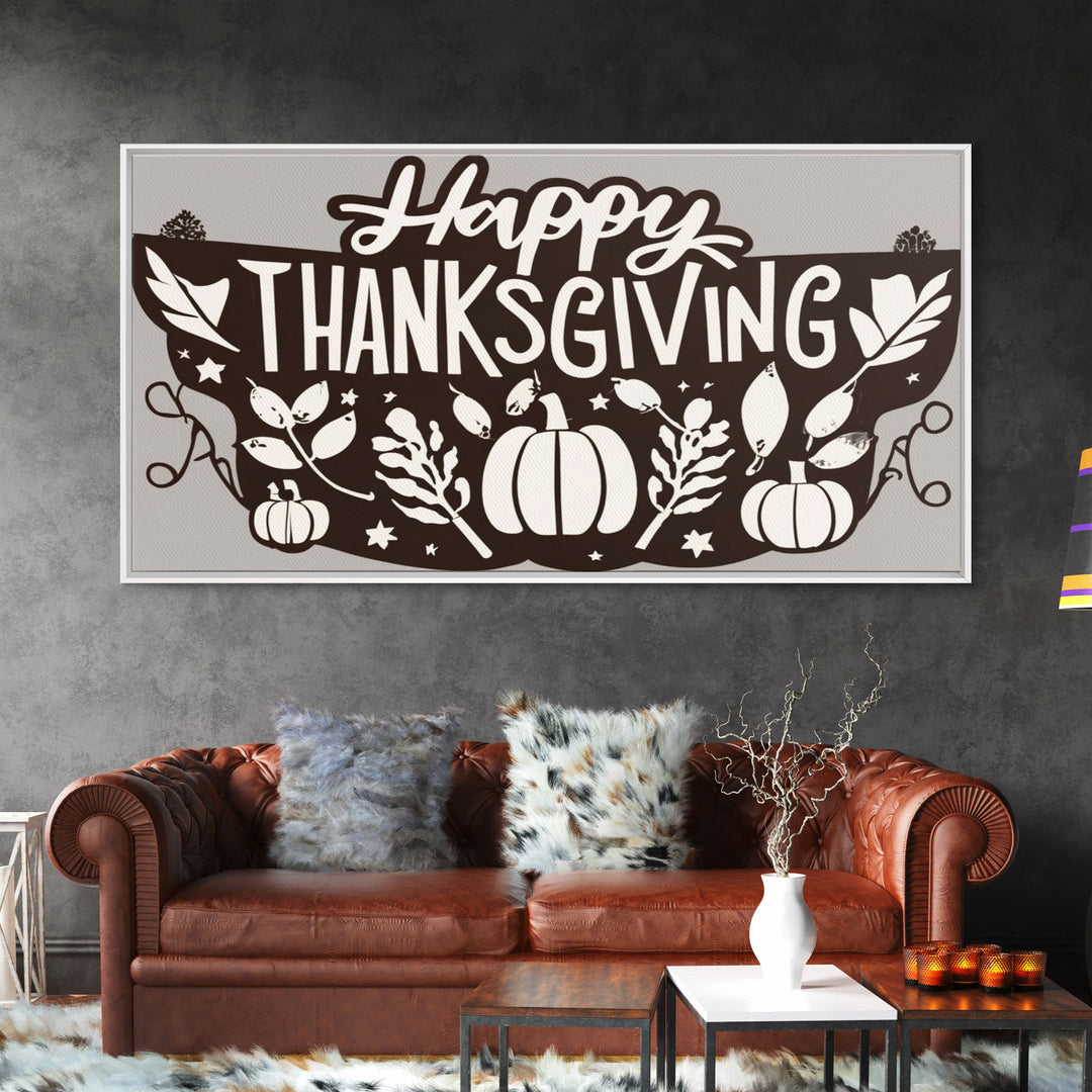 Happy Thanksgiving! Modern Farmhouse Wall Decor, Dining Room Wall Sign Kitchen Decor Large Framed Canvas Print, Fall Wall Art, Thankful