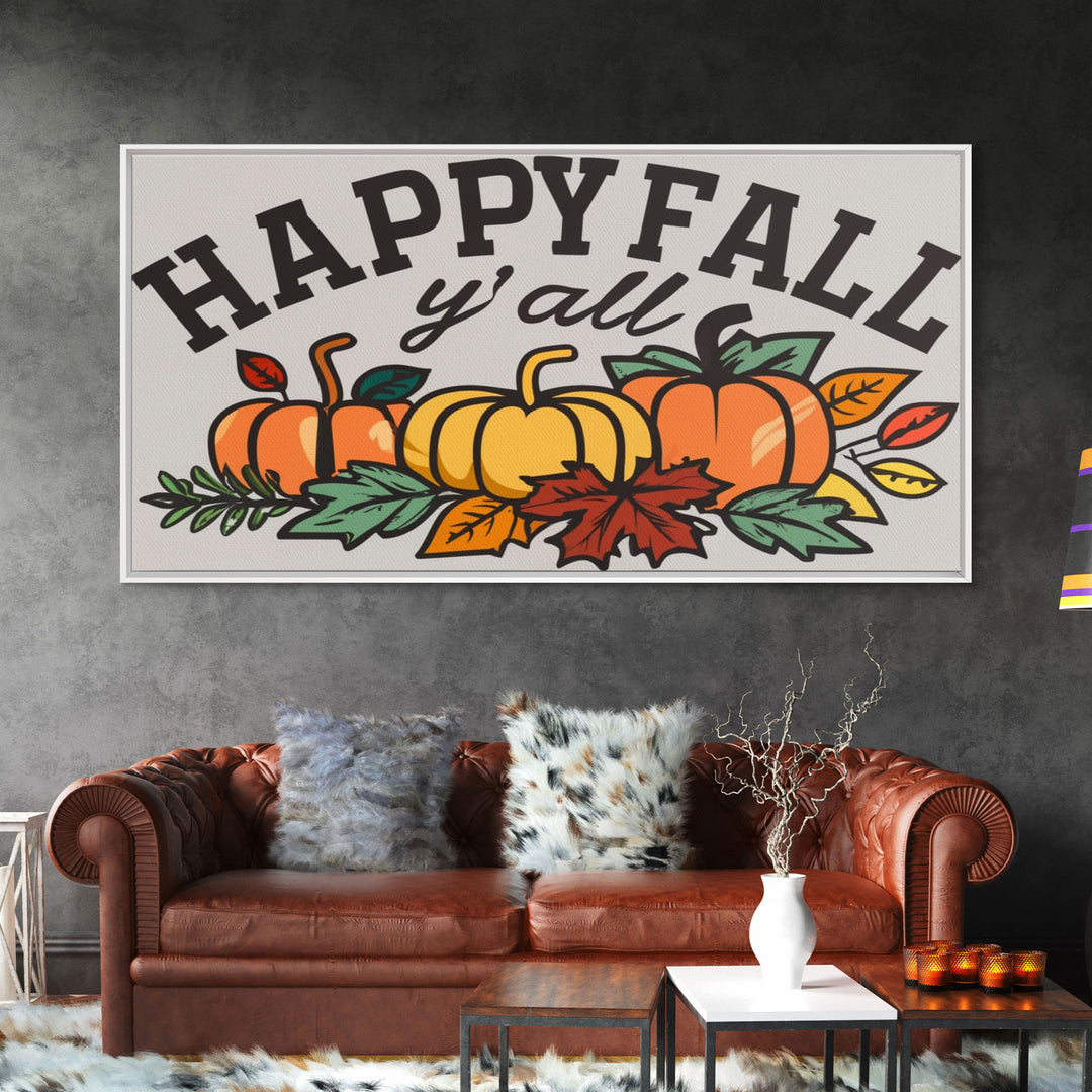 Happy Fall Y'all Typography Wall Art - Framed Canvas Print - Rustic Fall Sign - Thanksgiving Sign - Minimalist Farmhouse Primitive Art