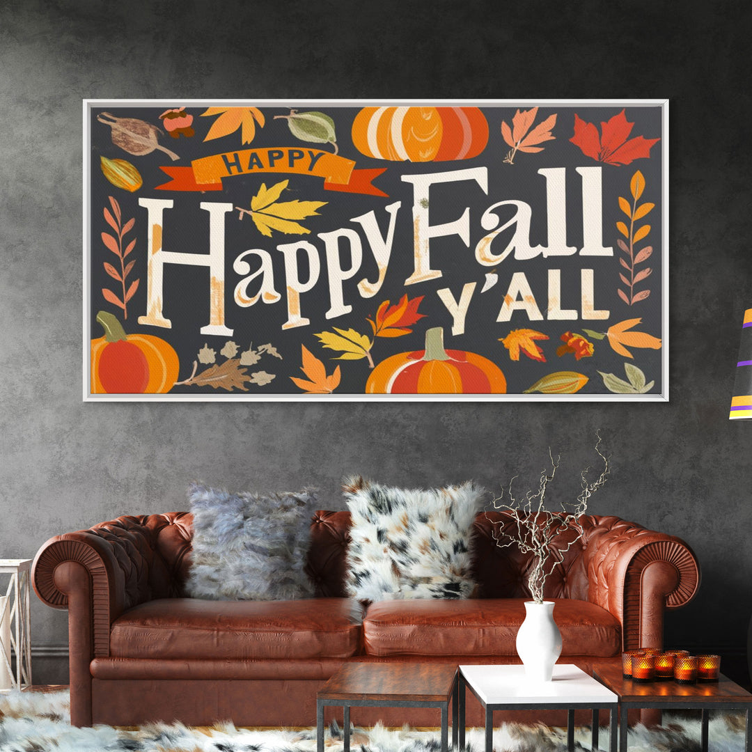 Happy Fall Y'all Typography Wall Art - Framed Canvas Print - Rustic Fall Sign - Thanksgiving Sign - Minimalist Farmhouse Primitive Art