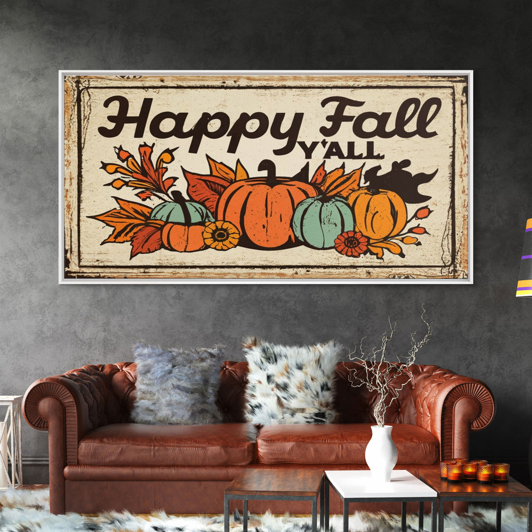 Happy Fall Y'all Typography Art, Rustic Farmhouse Decor, Framed Canvas Print, Canvas Sign, Fall Sign, Thanksgiving Sign Primitive Wall Art