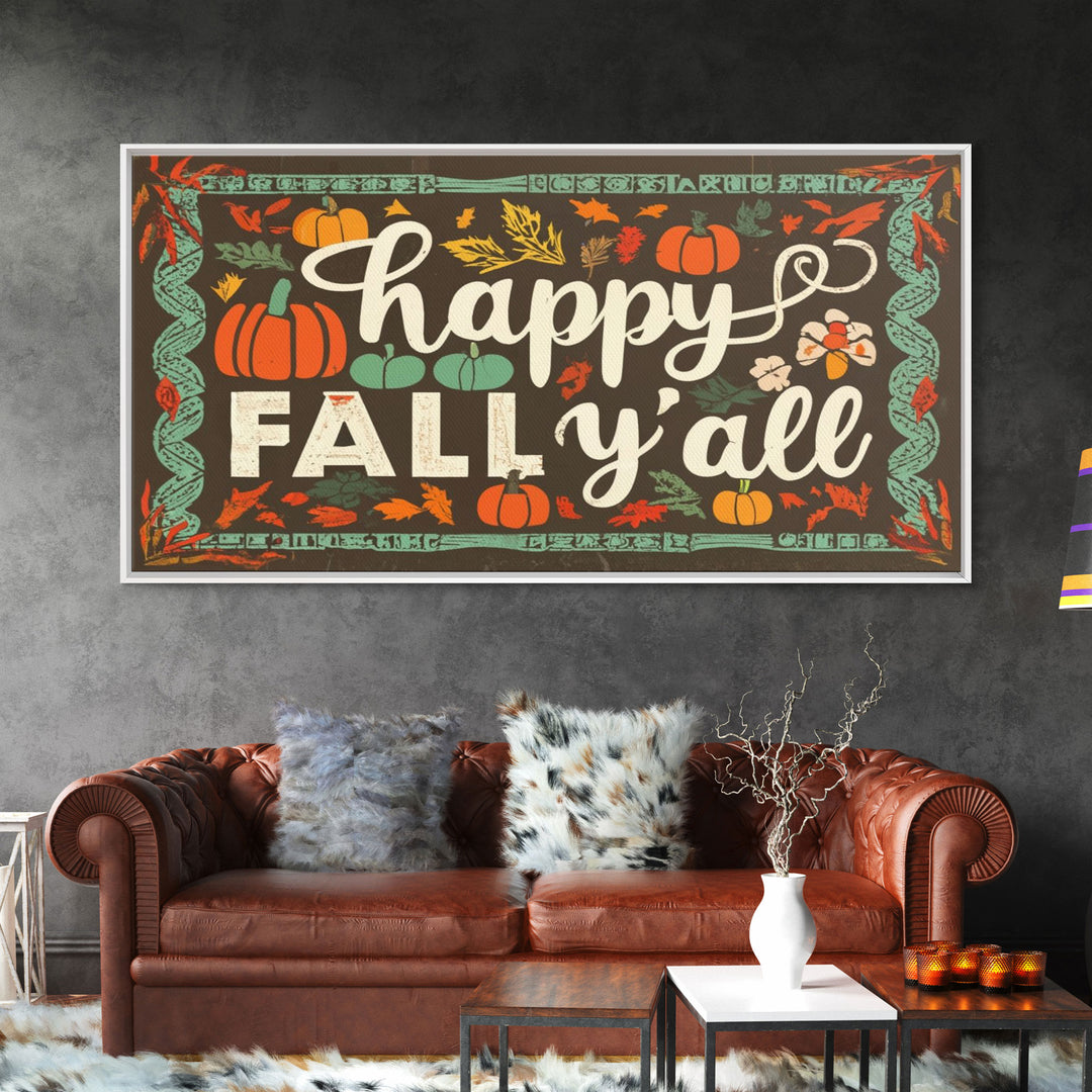 Happy Fall Y'all Typography Art, Rustic Farmhouse Decor, Framed Canvas Print, Canvas Sign, Fall Sign, Thanksgiving Sign Primitive Wall Art