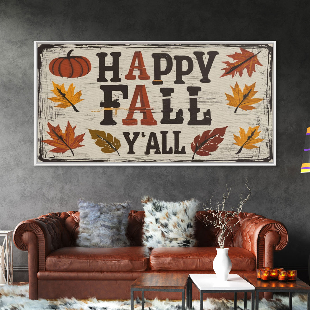 Happy Fall Y'all Typography Art, Modern Farmhouse Wall Decor, Dining Room Wall Sign Kitchen Decor Large Framed Canvas Print, Fall Wall Art