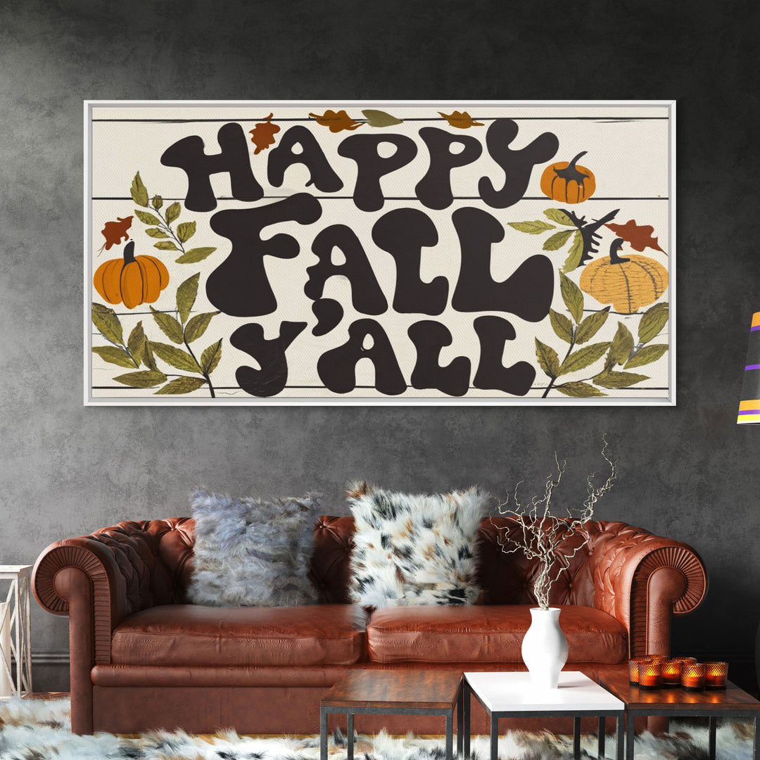 Happy Fall Y'all Typography Art, Modern Farmhouse Wall Decor, Dining Room Wall Sign Kitchen Decor Large Framed Canvas Print, Fall Wall Art