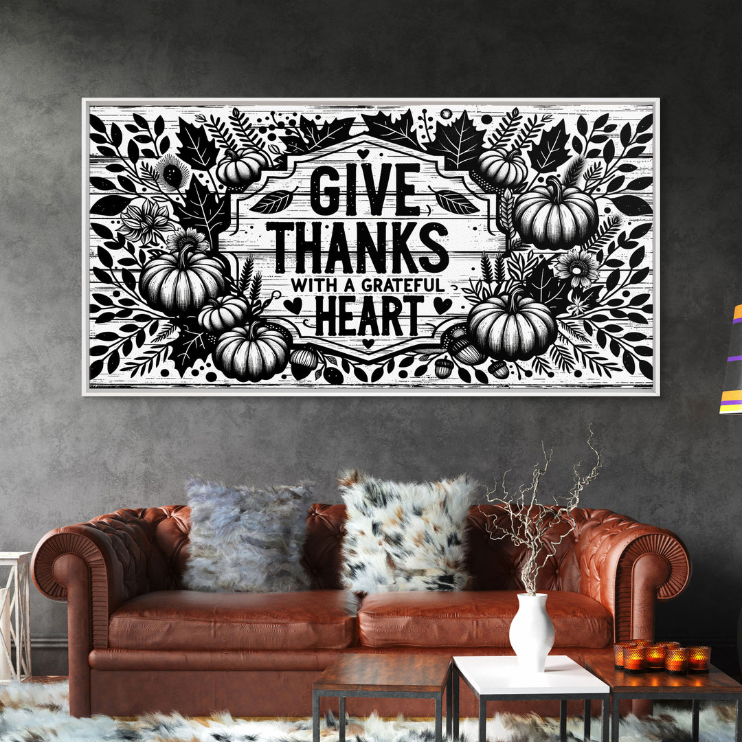 Give Thanks With A Grateful Heart Modern Farmhouse Wall Decor, Dining Room Wall Sign Kitchen Decor Large Framed Canvas Print, Fall Wall Art