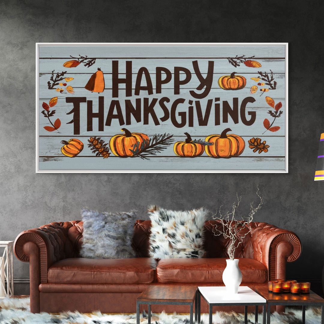 Happy Thanksgiving! Modern Farmhouse Wall Decor, Dining Room Wall Sign Kitchen Decor Large Framed Canvas Print, Fall Wall Art, Thankful