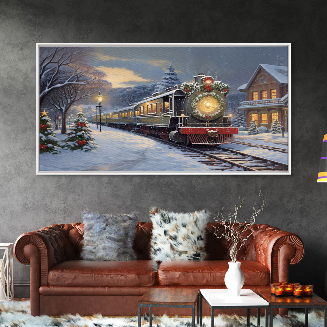 The Christmas Train Oil Painting Framed Canvas Print - Christmas Decor - Handmade Christmas Gift - Christmas Decoration Home Decor Wall Art