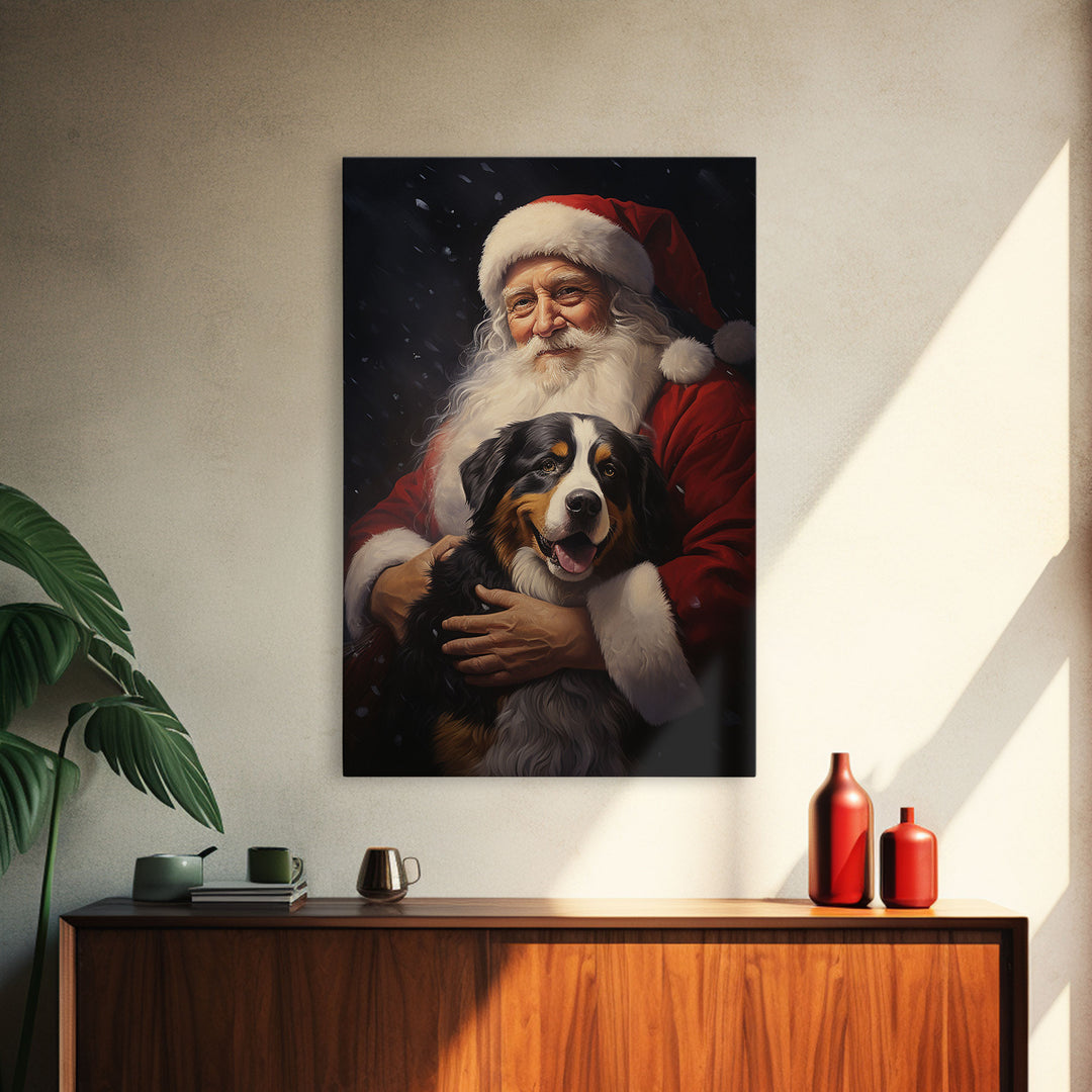 Santa Claus and his Bernese Mountain Dog, Cute Dog Art, Framed Canvas Print, Christmas Art, Christmas Decor, Christmas Art Print, Cute Dog