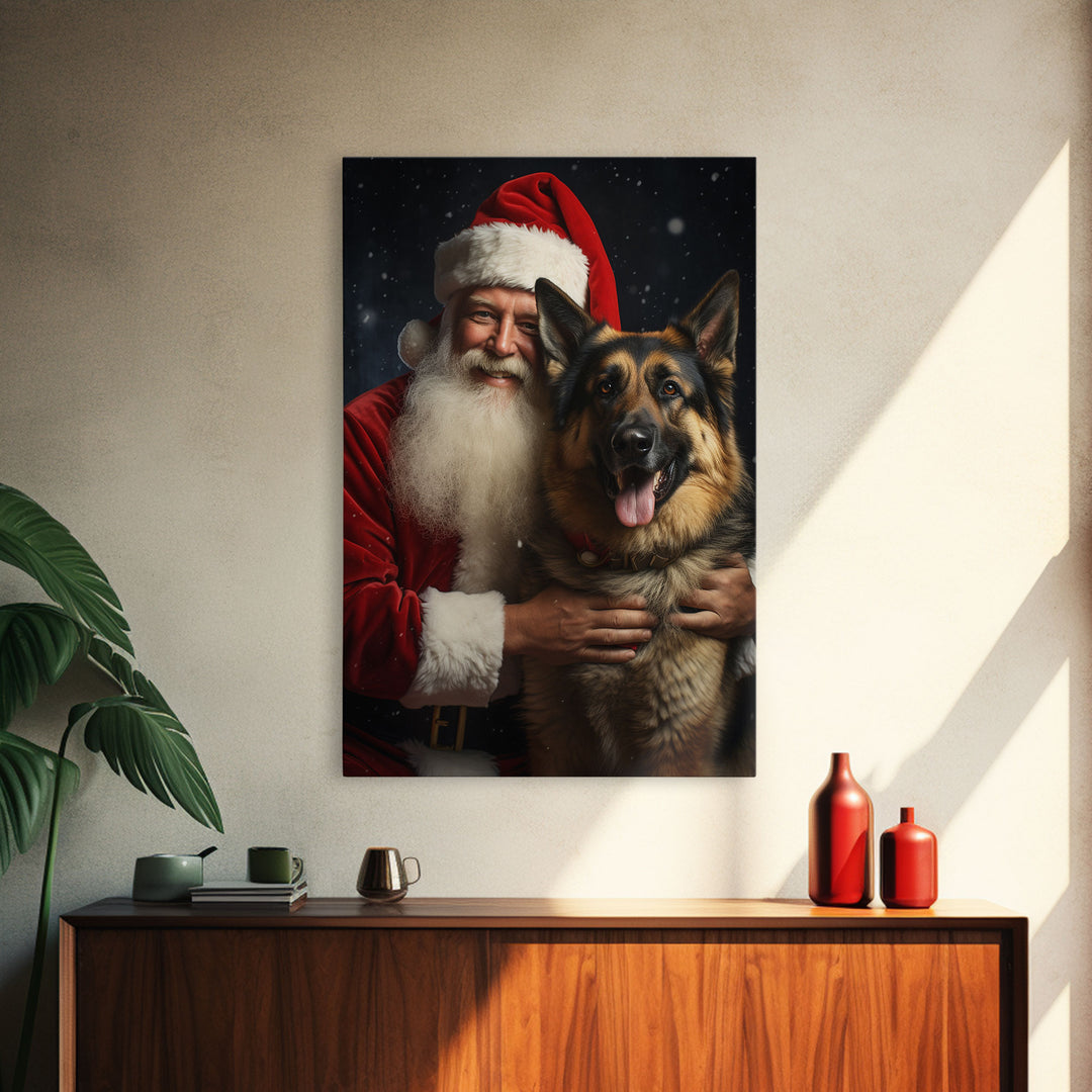 Santa Holding A Golden Retriever, Framed Canvas Print, Christmas Wall Art, Xmas Art, Christmas Art Print, Santa Decor, Farmhouse Christmas