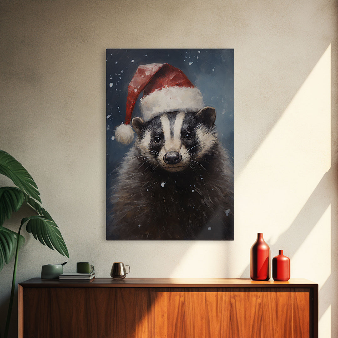 Cute Christmas Badger In A Santa Hat, Framed Canvas Print, Christmas Art, Christmas Decor, Christmas Art Print, Christmas Wall Art