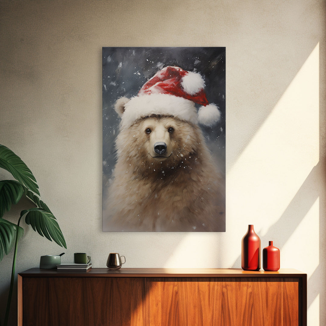 Cute Christmas Bear In A Santa Hat, Christmas Art, Christmas Decor, Christmas Wall Art, Christmas Painting, Vintage Christmas