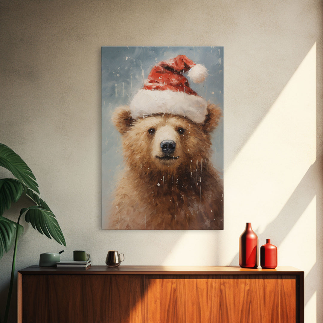 Cute Christmas Bear In A Santa Hat, Framed Canvas Print, Christmas Art, Christmas Decor, Christmas Art Print, Christmas Wall Art