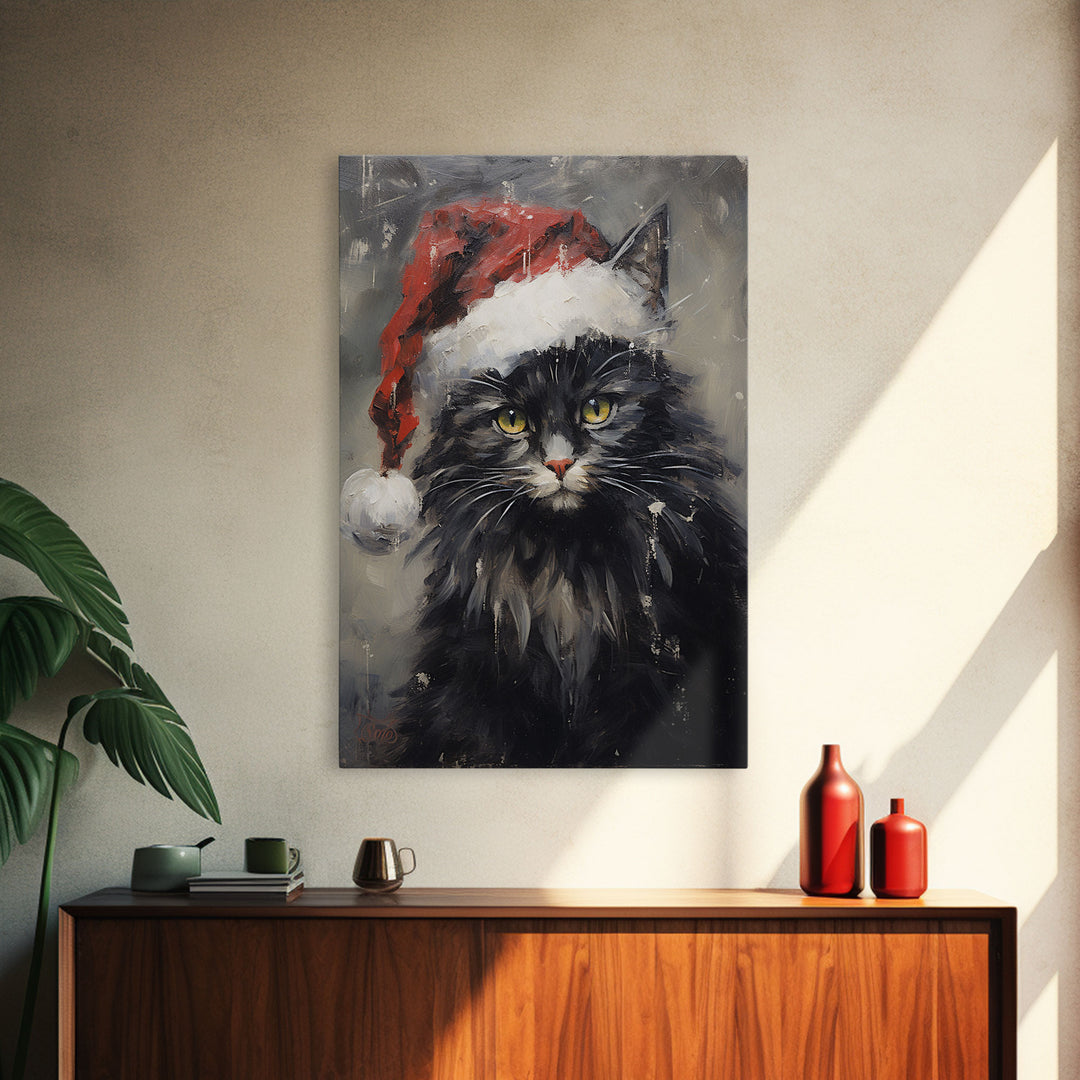 Christmas Cat In His Christmas Hat, Framed Canvas Print, Holiday Decor, Framed Canvas Print, Seasonal Wall Art