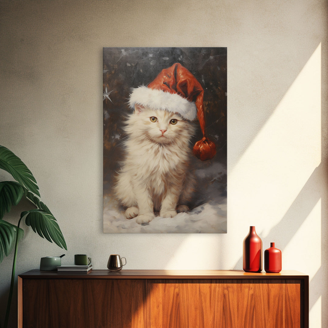 Christmas Cat In A Christmas Hat, Farmhouse Christmas, Farmhouse Decor, Framed Canvas Print, Seasonal Wall Art, Winter Decor, Christmas Art