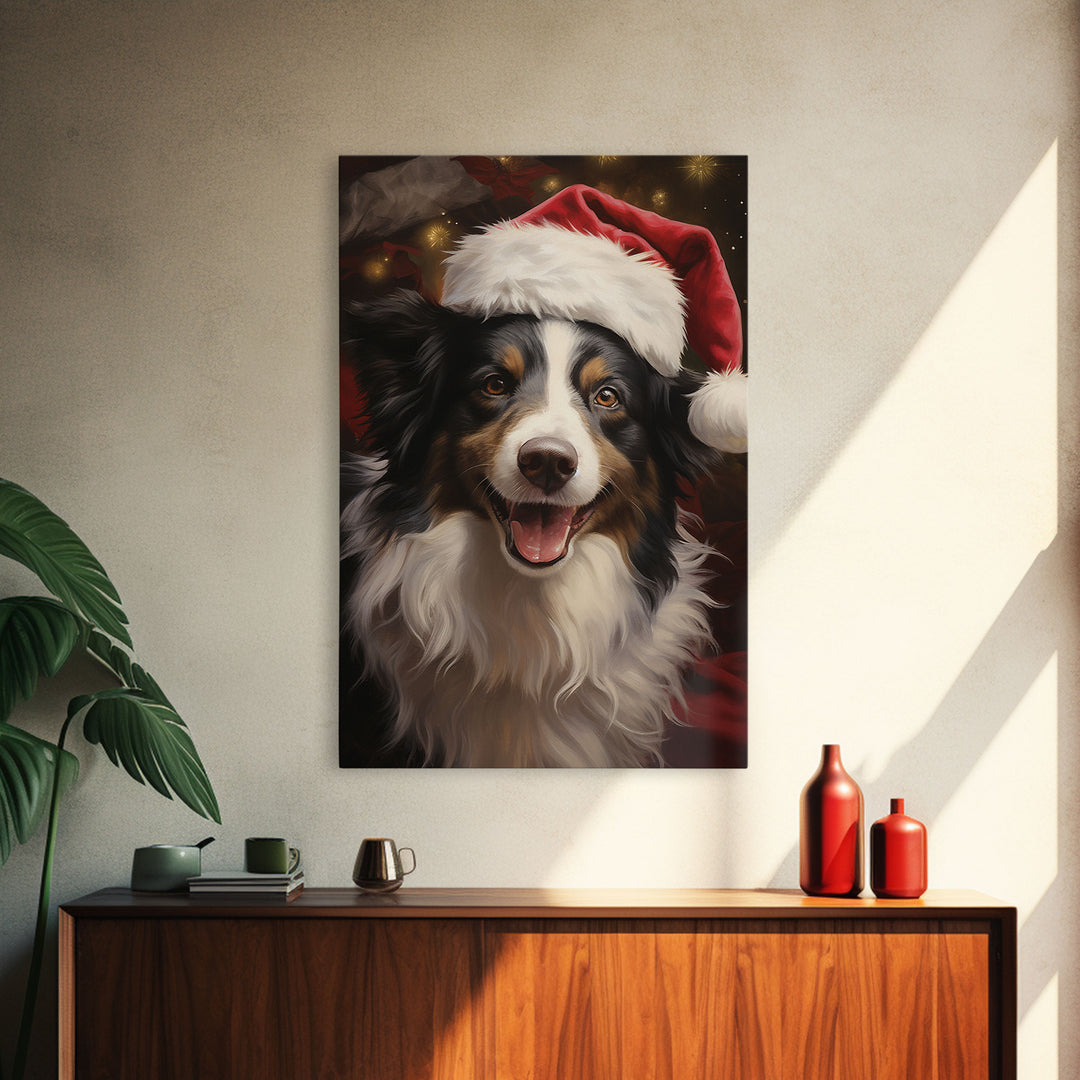 Cute Border Collie In A Santa Hat, Framed Canvas Print, Christmas Decor, Holiday Decor, Seasonal Wall Decor, Farmhouse Christmas