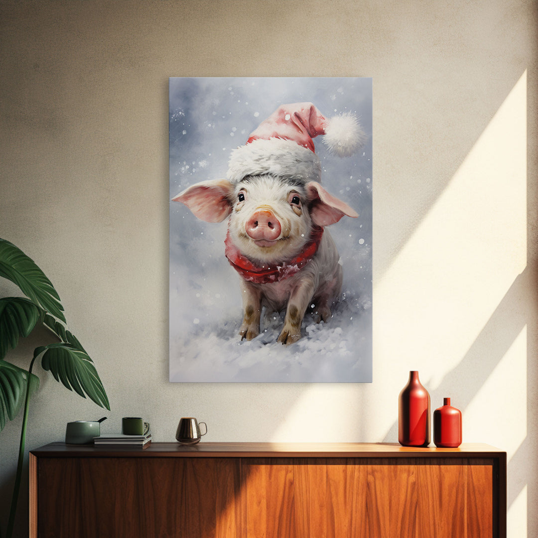 Cute Christmas Pig In A Santa Hat, Christmas Art, Christmas Decor, Christmas Wall Art, Farmhouse Christmas, Vintage Christmas, Pig Print