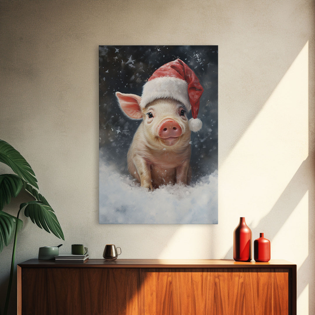 Cute Christmas Pig In A Santa Hat, Christmas Art, Christmas Decor, Christmas Wall Art, Farmhouse Christmas, Vintage Christmas, Pig Print