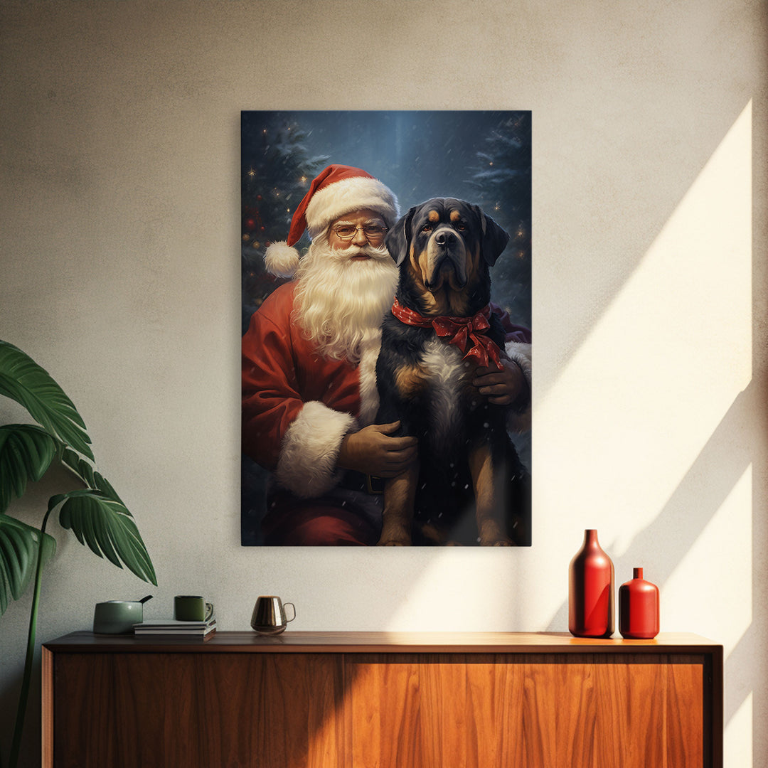 Santa Holding A Rottweiler, Framed Canvas Print, Christmas Wall Art, Xmas Art, Christmas Art Print, Santa Decor, Farmhouse Christmas