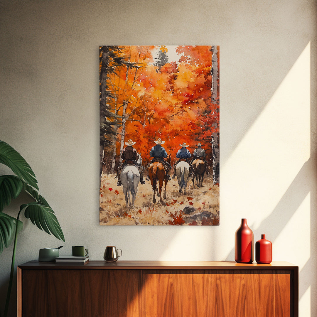 The Riders, Autumn Decor, Framed Canvas Print, Fall Painting, Fall Centerpiece Decor, Vintage Autumn Or Fall Painting Art