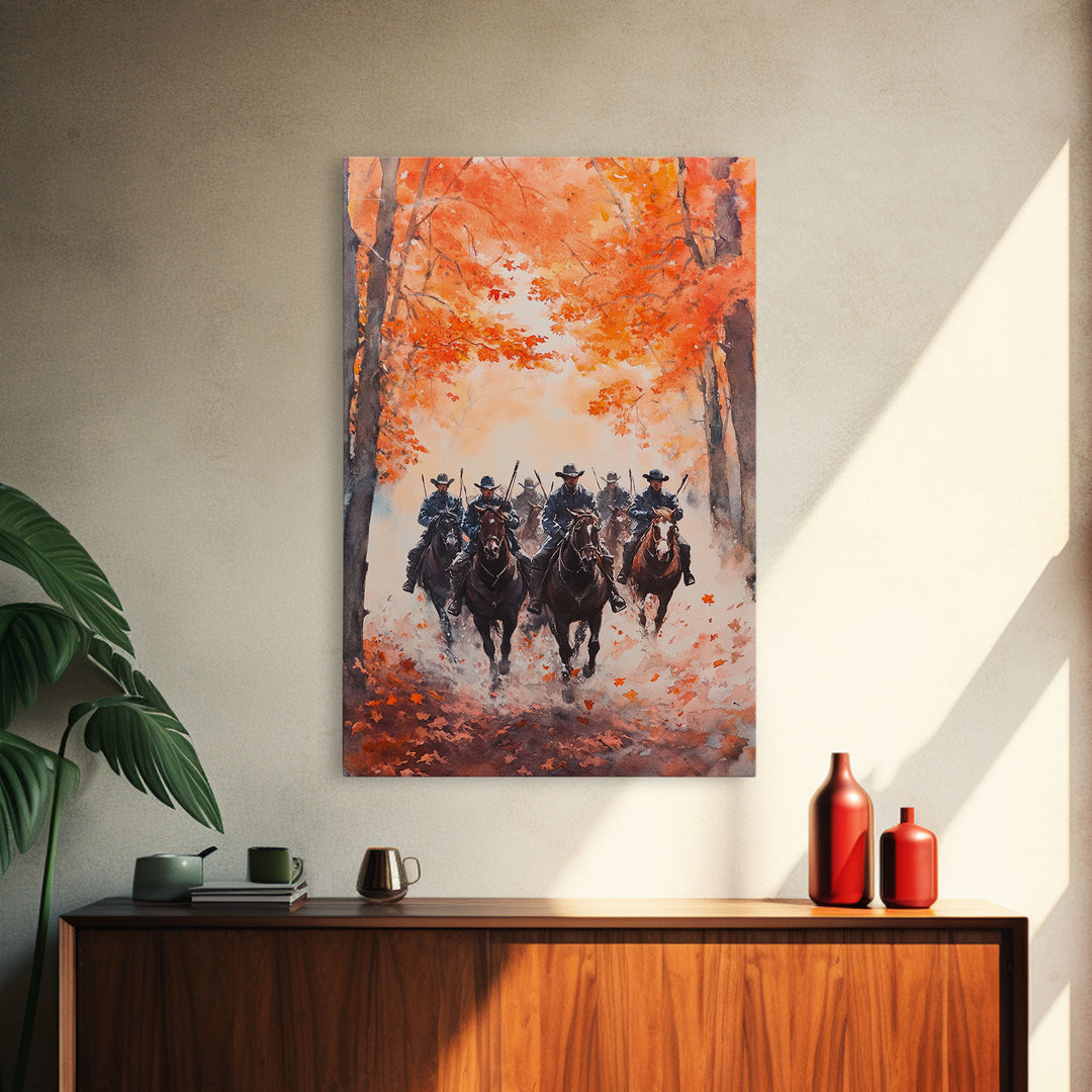 The Posse in Autumn, Wild West Decor, Framed Canvas Print, Manly Wall Art