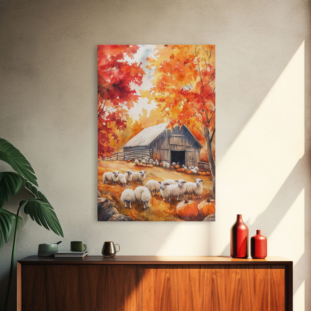 The Sheep Farm In Fall Framed Canvas Print, Farmhouse Decor, Boho Painting Wall Art