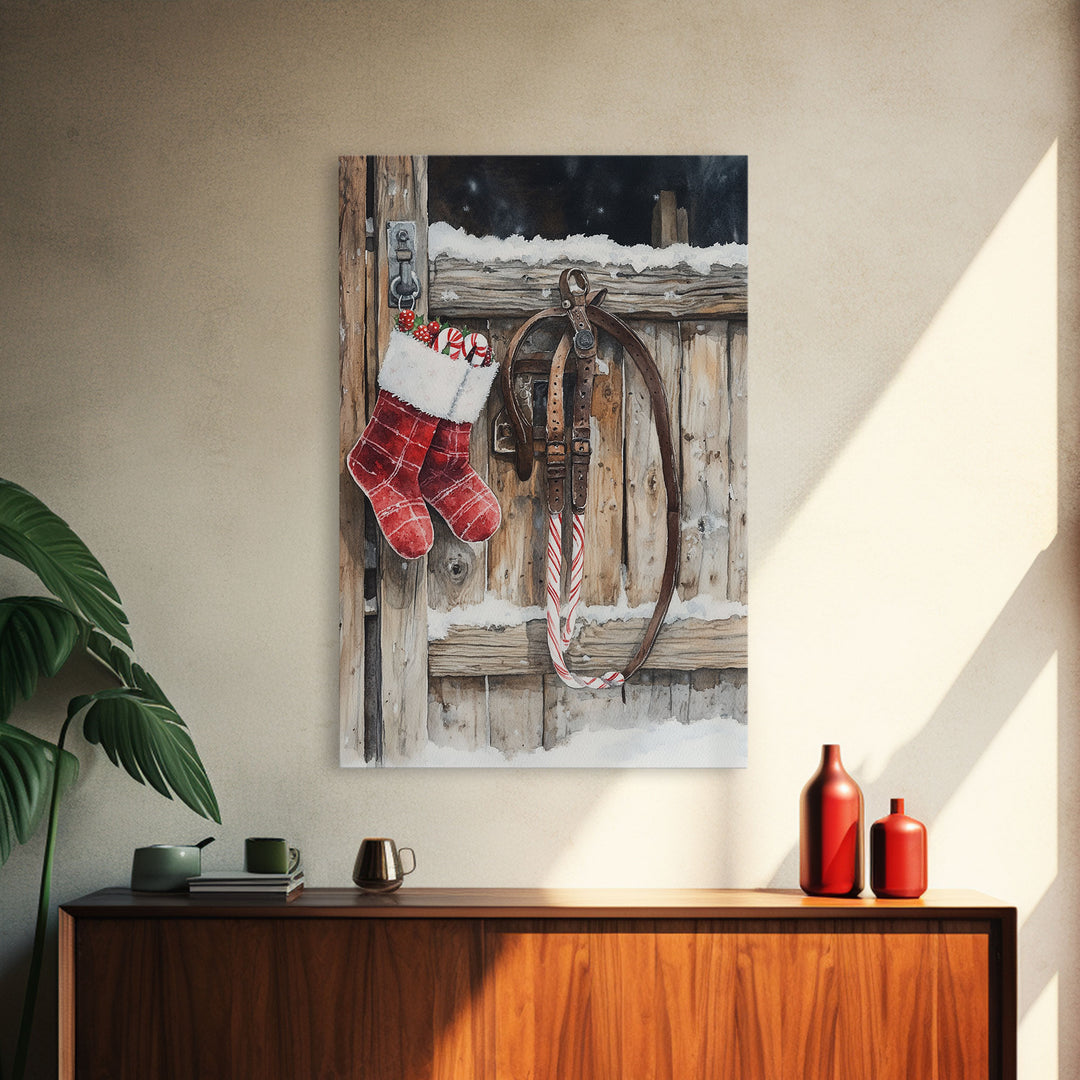 Wild West Christmas, Framed Canvas Print, Stirrups and Stockings, Cowboy Art