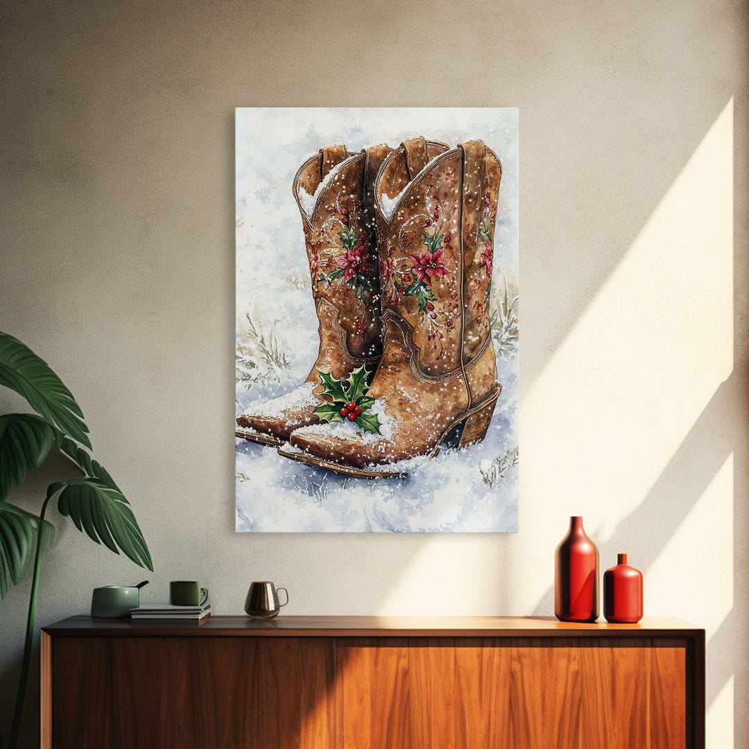 Christmas Cowboy Boots, Framed Canvas Print, Primitive / Rustic Farmhouse Wall Art, Cowboy Decor, Texan Art, Christmas Vintage Art