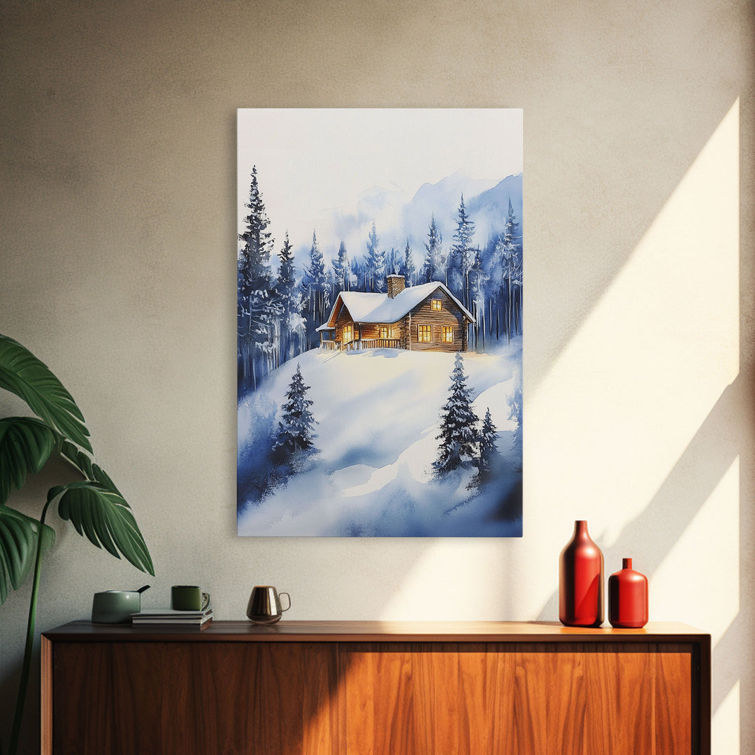 Winter Wonderland Landscape Print, Cabin In The Woods Rustic / Primitive Wall Art, Colorful Christmas