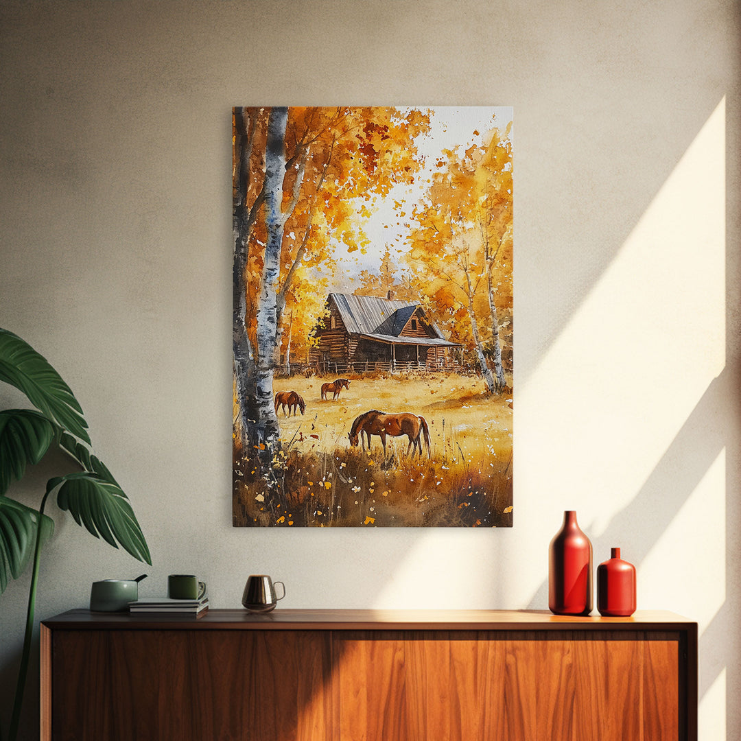 Log Cabin and Horses In The Fall, Wood Framed Wall Art, Primitive Thanksgiving Home Decor, Living Room Art