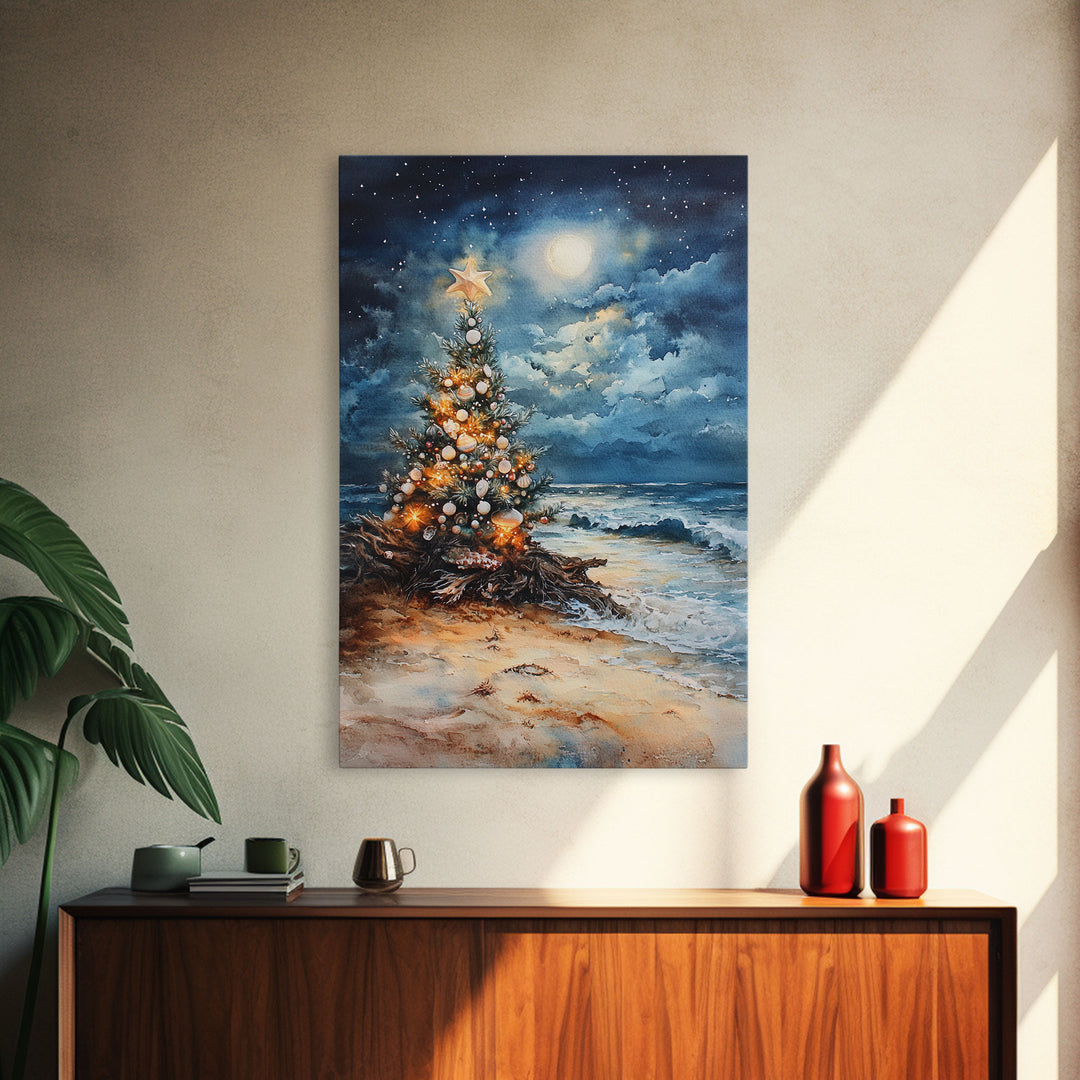 Christmas Tree On The Beach, Framed Canvas Print, gallery wall, Christmas Poster, Xmas Prints