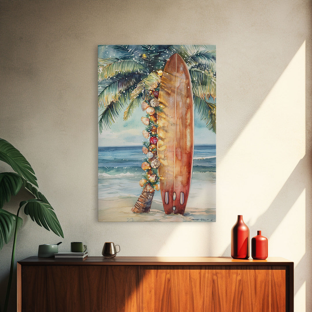 Surfboard Art Framed Canvas Print, Tropical Christmas Decor, Xmas Art, Christmas 2024 Gift Idea For Her