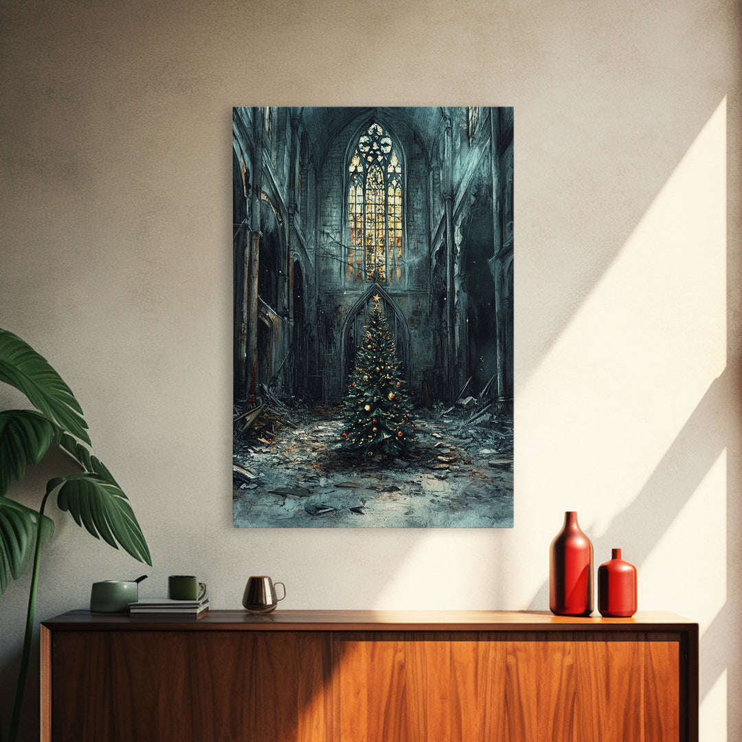 Moody Landscape Gothic Cathedral Christmas Tree Framed Canvas Print Christian Christmas Art Gift Rustic Holiday Wall Art Home Decor