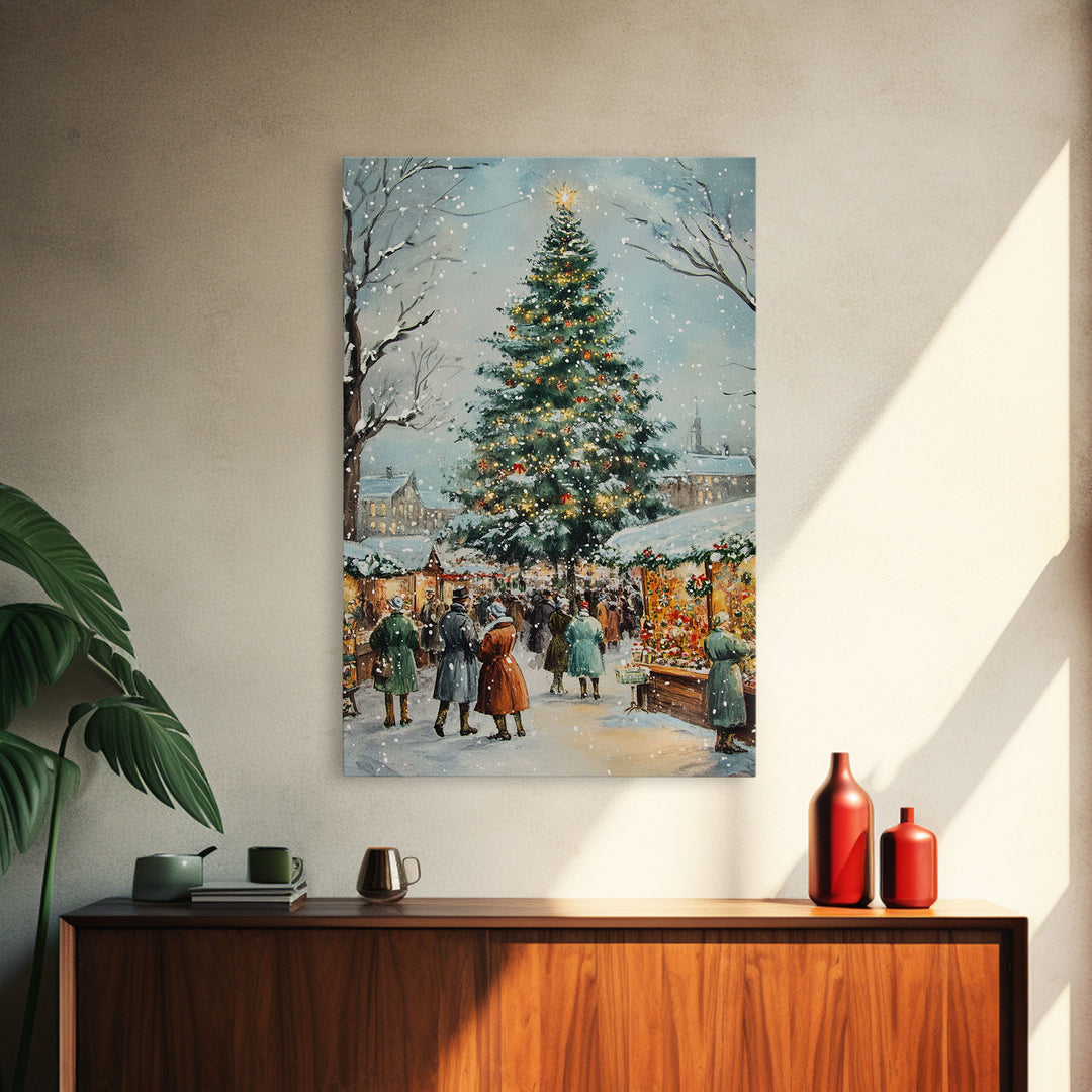 Snowy Christmas Market with Decorated Stalls and Large Holiday Tree, Framed Canvas Print for Vintage Christmas Wall Decor