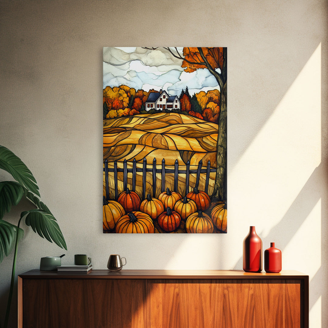 Cozy Fall Farmhouse With Pumpkins Framed Canvas Print Autumn Wall Art Country Farmhouse Decor Best Gift Idea Above Sofa Seasonal Art