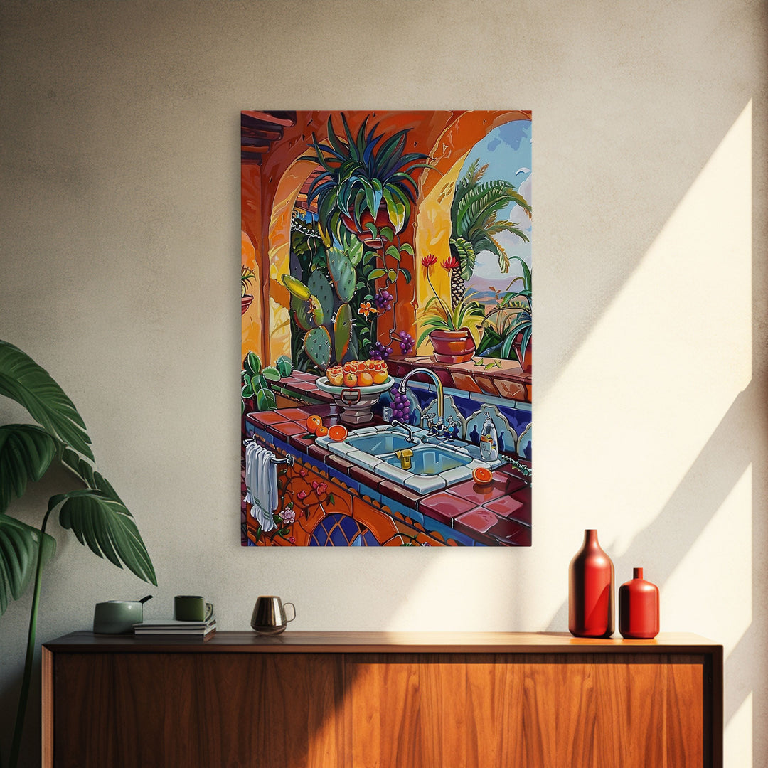 Vibrant Mexican Kitchen With Cactus And Fruit Framed Canvas Print Southwestern Art Best Gift Home Decor Bright Interior Wall Art