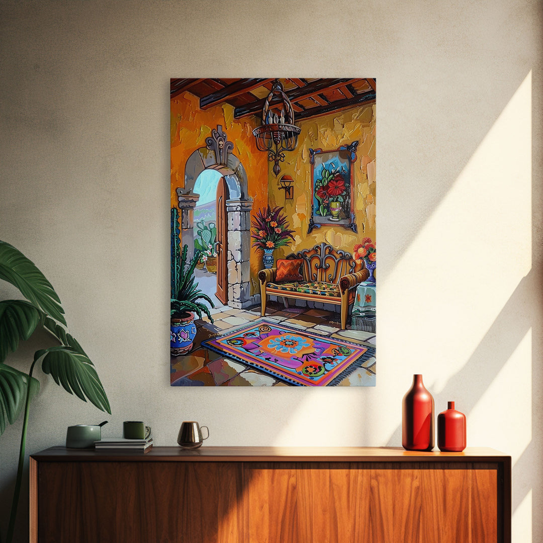 Vibrant Spanish Courtyard Framed Canvas Print Colorful Home Decor Best Gift Bright Seasonal Wall Art Mediterranean Patio Above Sofa Art