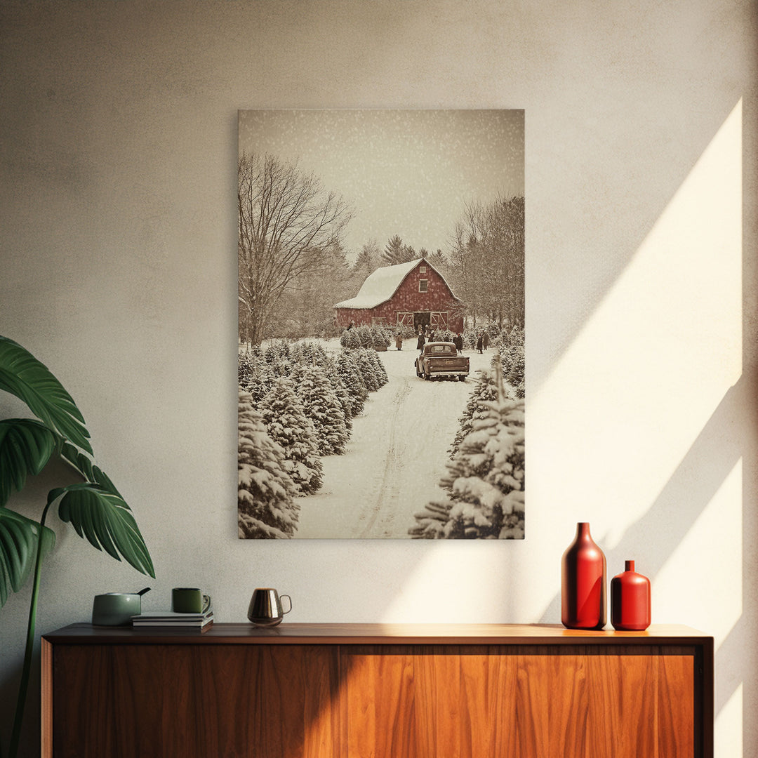 Snowy Farmhouse Christmas Scene with Red Barn and Vintage Truck, Perfect for Framed Canvas Print and Rustic Christmas Wall Art