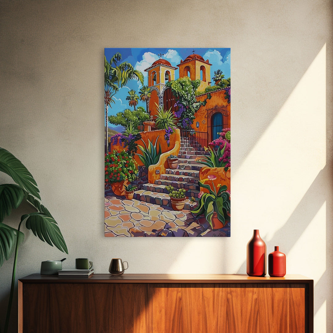 Spanish Mission With Palm Trees And Flowers Framed Canvas Print Colorful Home Decor Best Gift Bright Seasonal Art Above Sofa Wall Art