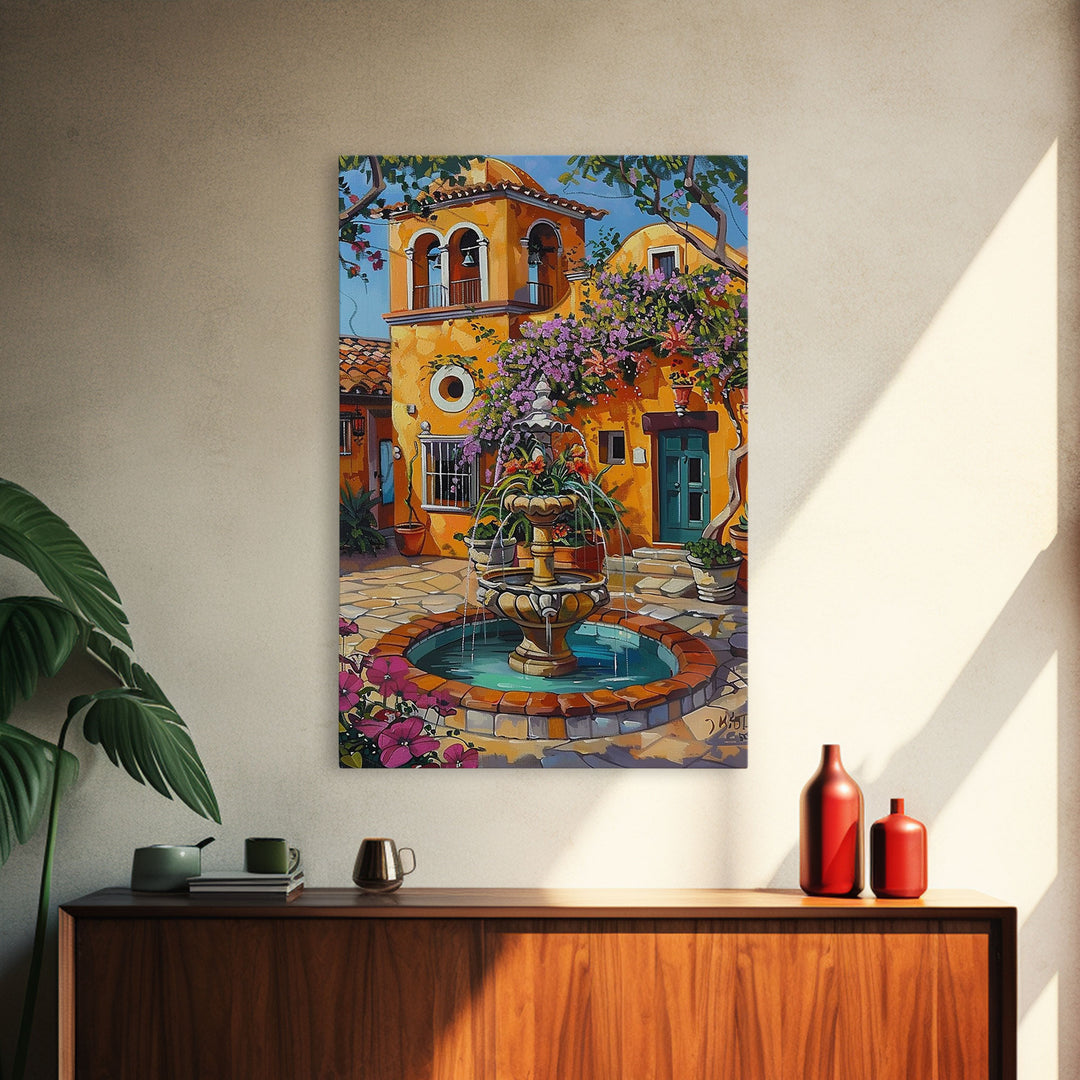 Tall Art Framed Canvas Print Featuring Mexican Style Courtyard Fountain And Vibrant Architecture