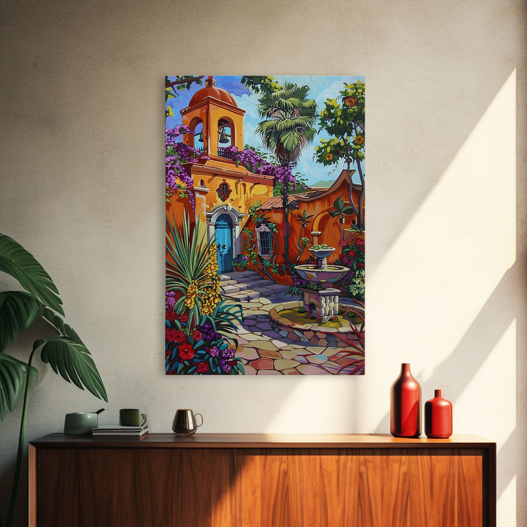 Vibrant Mexican Style Architecture Framed Canvas Print Tall Art Featuring Colorful Homes And Nature