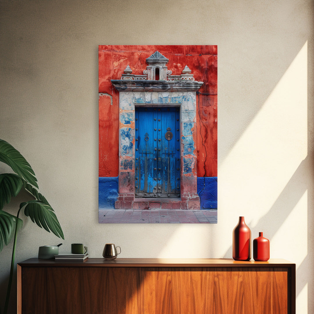 Tall Art Framed Canvas Print Of Mexican Style Blue Door And Red Walls With Vibrant Flowers