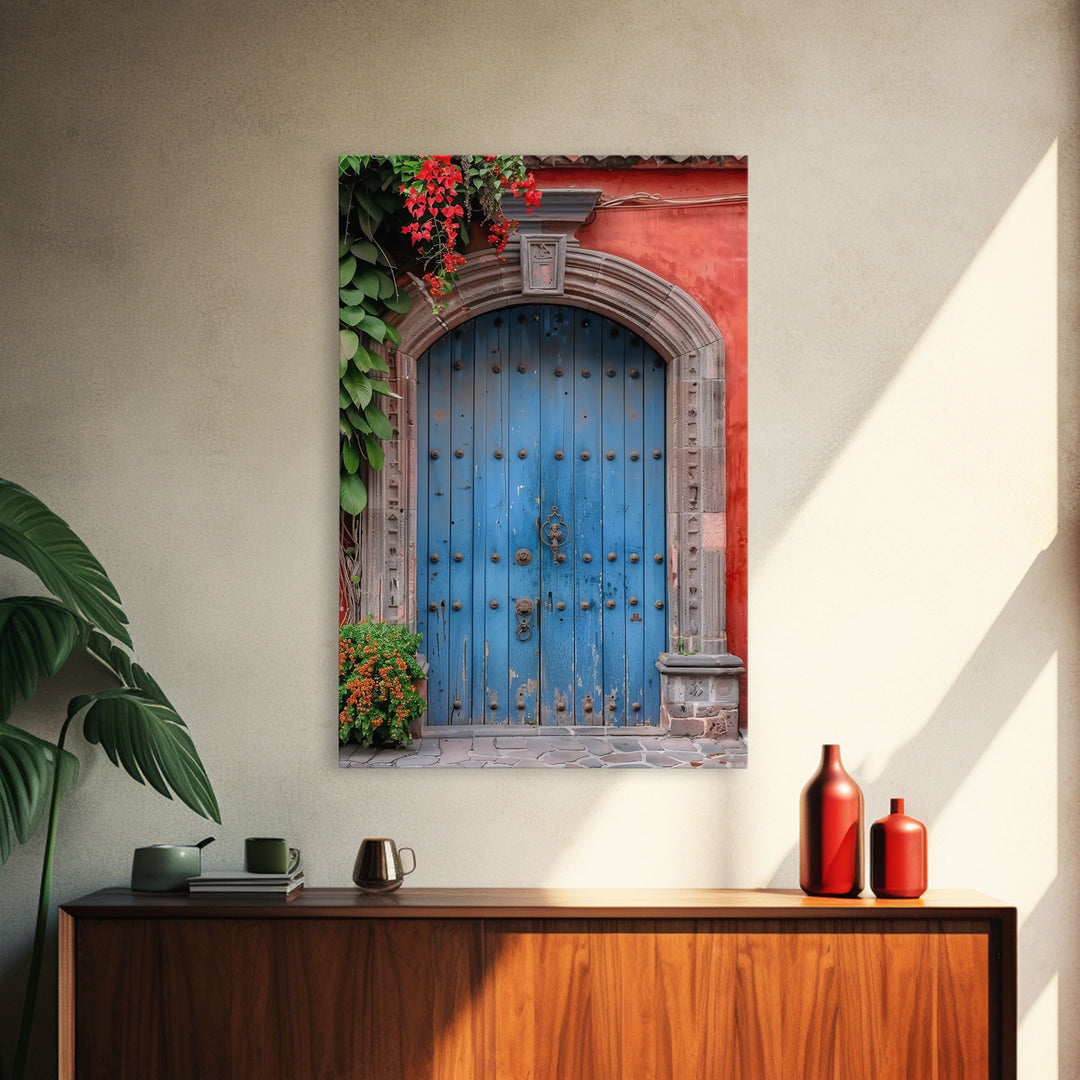 Traditional Mexican Style Rustic Blue Door Tall Art Framed Canvas Print Featuring Detailed Architecture