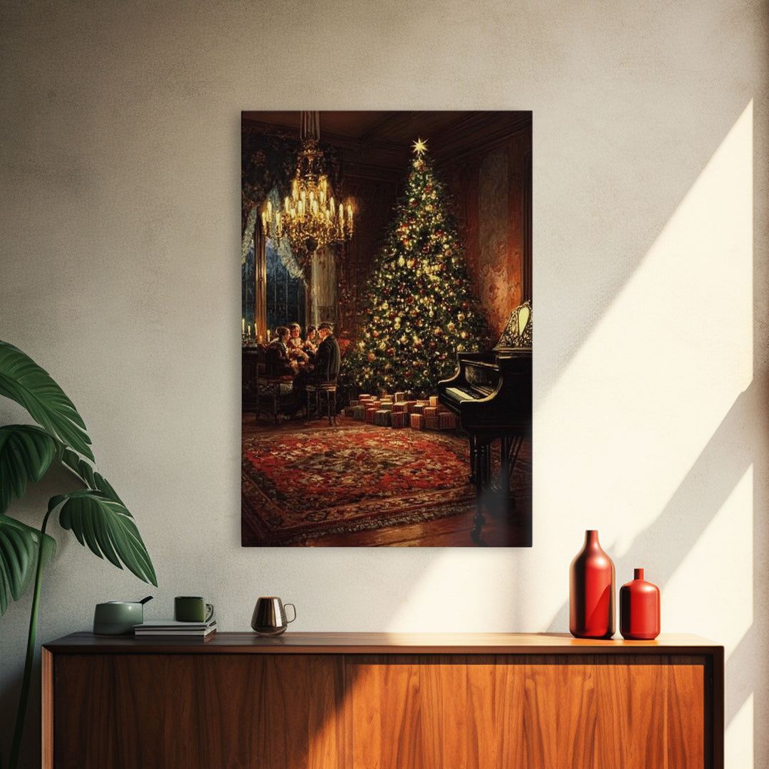 Vintage Victorian Christmas Tree Framed Canvas Print Tall Art With Grand Piano And Family Gathering, Elegant Christmas Wall Art Decor