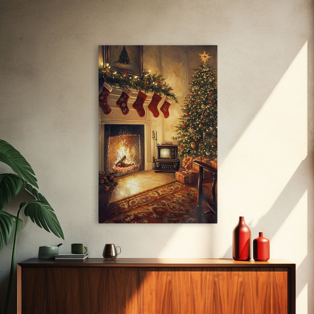 Nostalgic Christmas Living Room Scene Framed Canvas Print With Vintage Fireplace And Tree, Warm Holiday Wall Art Christmas Decor