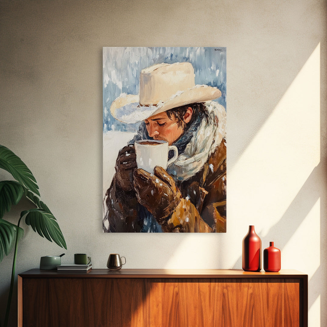 Cowboy Drinking Hot Cocoa Framed Canvas Print - Cozy Winter Wall Art 2024 Rustic Christmas Decor and Gift Idea