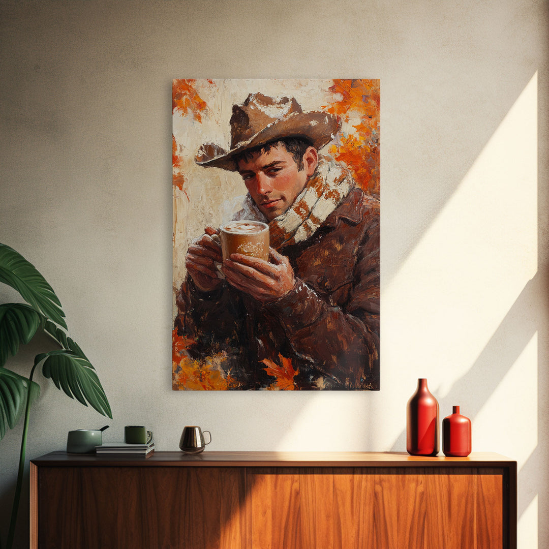 Cowboy with Coffee Mug in Autumn Framed Canvas Print - Fall Country Wall Art 2024 Rustic Home Decor and Gift Idea